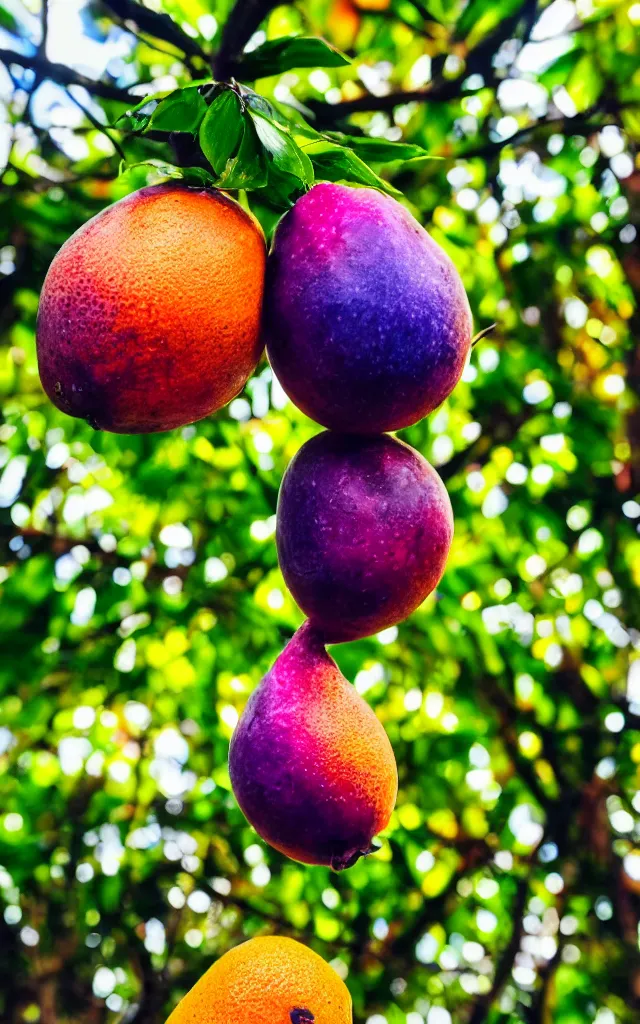 Image similar to a macro shot of a fruit hanging on a tropical tree, it is very colorful but has mainly shades of blue and violet, it looks poisonous but tasty