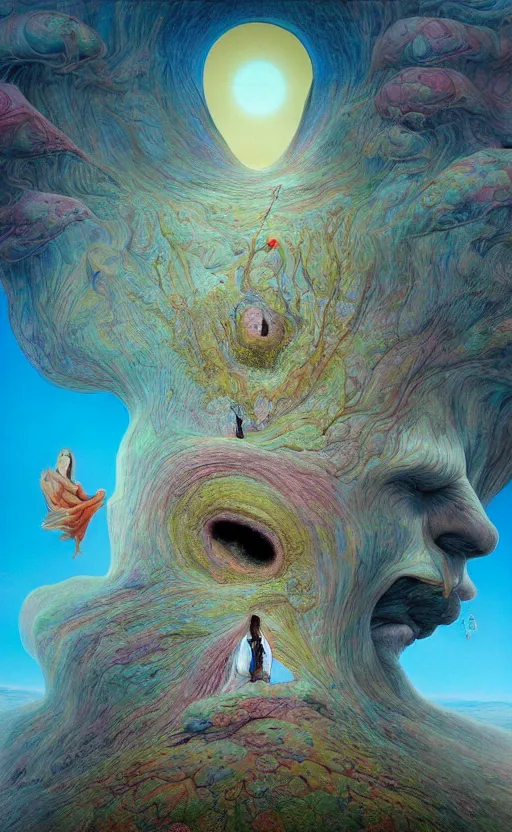 Image similar to ultrawide angle colour masterpiece surreal closeup portrait photography of surrealism by miho hirano and annie leibovitz and michael cheval, weird surreal epic psychedelic complex biomorphic 3 d fractal landscape in background by kilian eng and roger dean and salvador dali and beksinski, 8 k