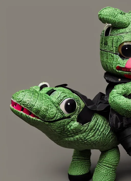 Image similar to a cute plush alligator, fluffy, cartoony, wearing nike sneakers, holding a bazooka, black backround, hyper detailed, octane render 🤣