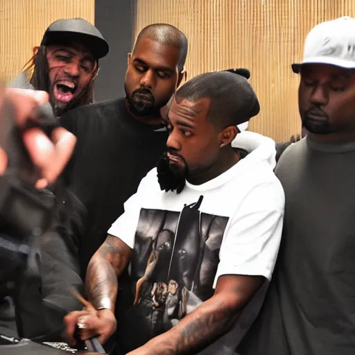 Prompt: Kanye West in his studio producing Donda 3, photo