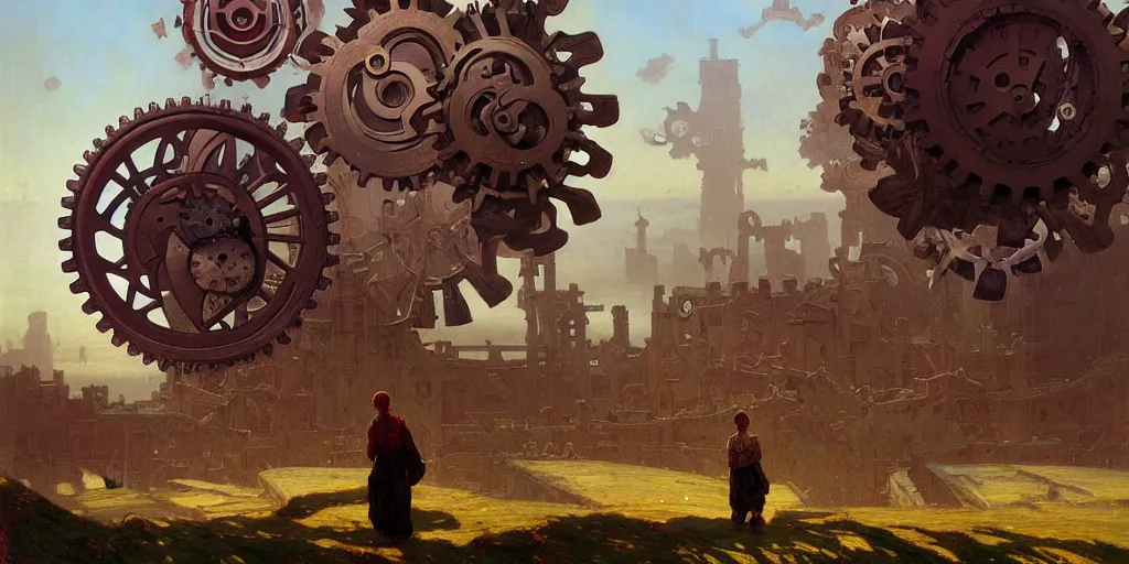 Prompt: giant gears cogs floating in the sky, clockwork, giant mechanisms, industry, villages castles, buildings vista artstation illustration sharp focus sunlit vista painted by ruan jia raymond swanland lawrence alma tadema zdzislaw beksinski norman rockwell tom lovell alex malveda greg staples