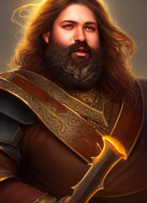 Prompt: a _ fantasy _ style _ portrait _ painting _ of light brown male holy paladin with long wavy brown hair chubby and beard, hammer weapon, rpg dnd oil _ painting _ unreal _ 5 _ daz. _ rpg _ portrait _ extremely _ detailed _ artgerm _ greg _ rutkowski _ greg