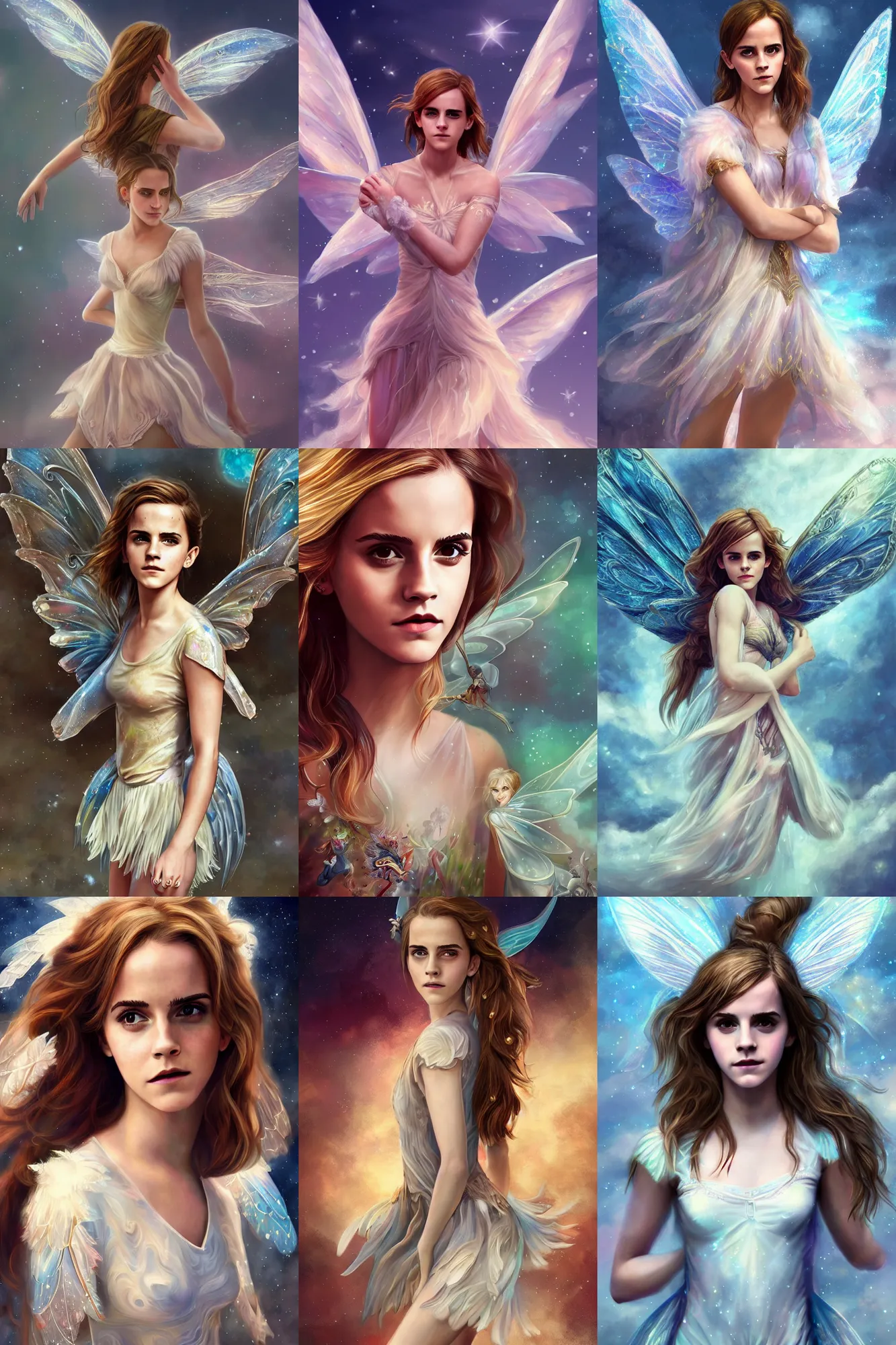 Prompt: a photo of emma watson as celestial flying fairy in a t - shirt and shorts, fantasy, intricate, beautiful, highly detailed, digital painting, artstation, concept art, smooth, high resolution, sharp focus, illustration