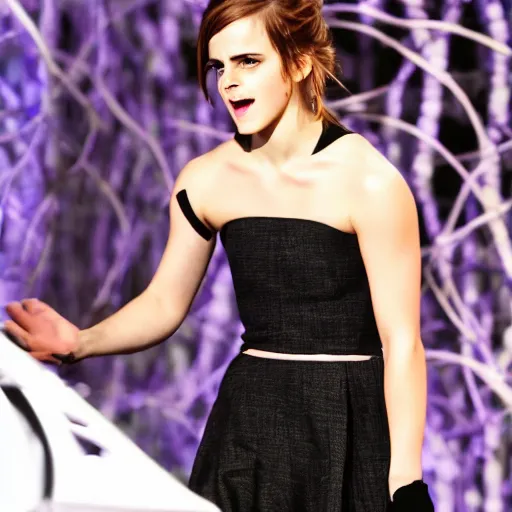 Prompt: angry emma watson entangled and stuck in giant vines