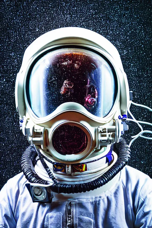 Image similar to extremely detailed studio portrait of space astronaut, alien tentacle protruding from eyes and mouth, slimy tentacle breaking through helmet visor, shattered visor, full body, soft light, disturbing, shocking realization, award winning photo by manny librodo