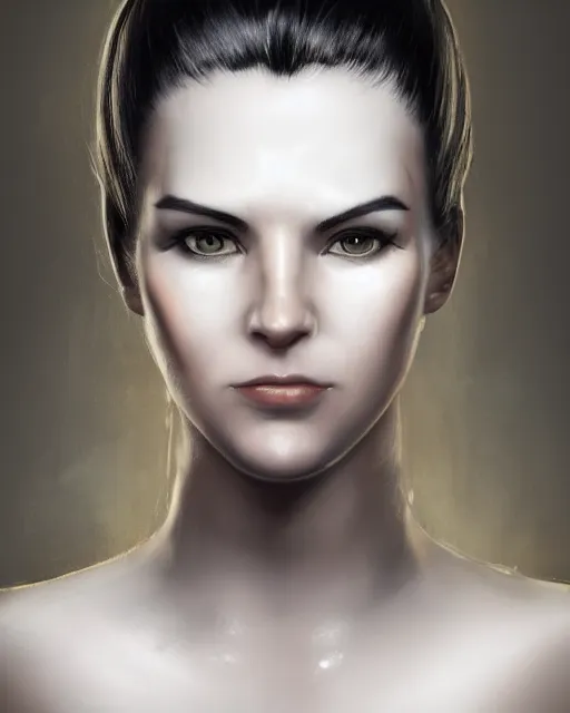 Image similar to portrait of a tall 4 0 - year - old woman with thin lips, heavy - lidded eyes, a strong jaw and long, thick shining black hair, thick eyebrows and long eyelashes, wearing in black clothes, hyper realistic face, beautiful eyes, character art, art by mark brooks, hyperdetailed, cryengine, trending on artstation, digital art