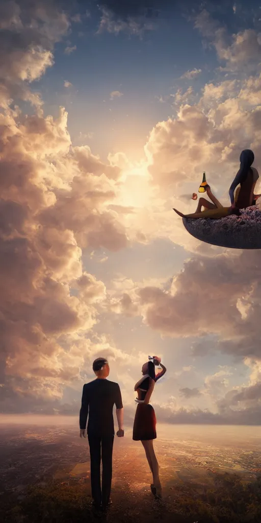 Image similar to a man and a woman floating on a cloud having a drink of Champaign high in the sky above Sint-Marteen and , naive artstation, matte painting, goldenhour, unreal engine