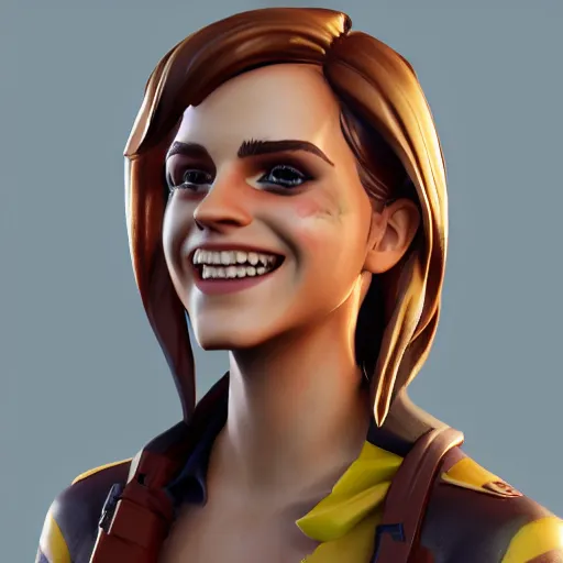 Image similar to textured film grain small eyes subsurface scattering fashion model face smiling laughing squinting emma watson as a fortnite character cgsociety octane render unreal engine redshift render trending on artstation trending on artstation render blender behance cg superhero