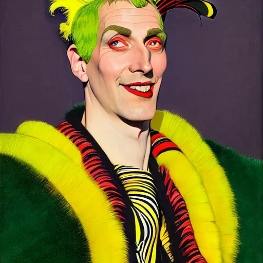 Image similar to art by joshua middleton, a close up portrait of the golden creeper, a tall manically smiling yellow - skinned man with green and black striped cycling shorts and wearing a long red and black striped ostrich feather boa, yellow makeup, mucha, kandinsky, poster, art deco motifs, comic art, stylised design, scarlet feather boa