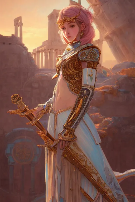 Image similar to portrait young knights of Zodiac girl, rose golden and ice blue armor, in ruined Agora of Athens Sunrise, ssci-fi and fantasy, intricate and very beautiful and elegant, highly detailed, digital painting, artstation, concept art, smooth and sharp focus, illustration, art by tian zi and WLOP and alphonse mucha