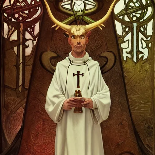 Prompt: an extremely detailed tarot card of a horned demon christian cleric, tiefling from d & d, fantasy, dressed in a catholic priest's cassock, fantasy tavern background, 4 k, artstation, detailed, realistic, by alphonse mucha and greg rutkowski