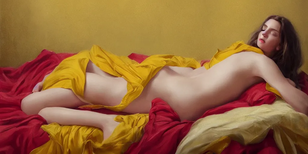 Image similar to beautiful oil matte portrait painting, young woman lying on a red bed sheet wearing a mustard yellow dress covered in giant rose petals, wonderful masterpiece highly detailed, beautiful cinematic light deep focus, elegant, digital painting, smooth, sharp focus, golden ratio, dramatic illumination, ultra realistic, 8 k, art by jimmy law