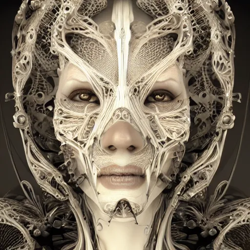 Image similar to beatifull frontal face portrait of a woman, biomechanical sculpture, mandelbrot fractal, intricate, elegant, highly detailed, ornate, elegant , luxury, beautifully lit, ray trace, octane render in the style of Gerald Brom and James gurney