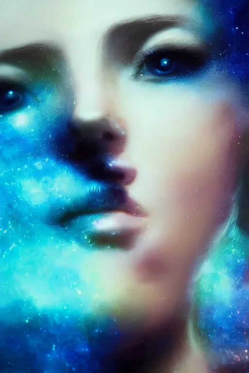 Image similar to sci - fi, close - up, 3 d, stars, fashion model face closed eyes, cinematic, clouds, sun rays, vogue cover style, poster art, blue mood, realistic painting, intricate oil painting, high detail illustration, figurative art, multiple exposure, water, 3 d, by tooth wu and wlop and beeple and greg rutkowski