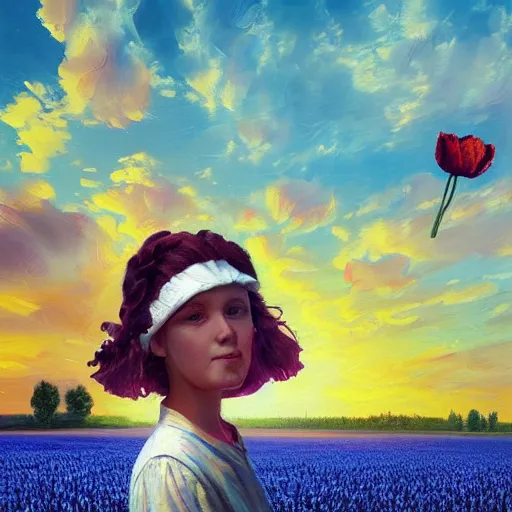 Image similar to dutch girl with singular giant tulip as a head, surreal photography, flower field, sunset dramatic light, impressionist painting, colorful clouds, blue sky, digital painting, artstation, simon stalenhag