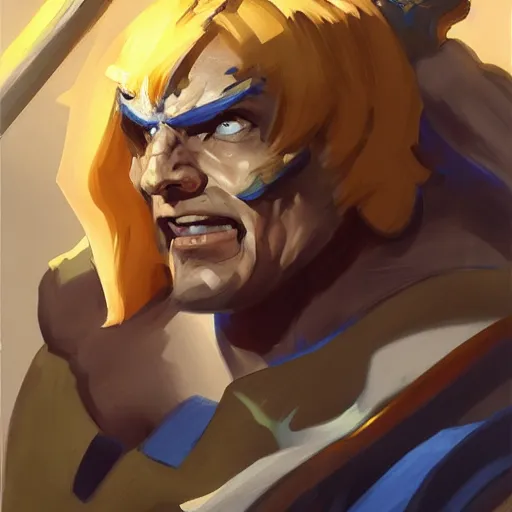 Image similar to greg manchess portrait painting of gorgeous he - man the master of the universe as overwatch character, medium shot, asymmetrical, profile picture, organic painting, sunny day, matte painting, bold shapes, hard edges, street art, trending on artstation, by huang guangjian, gil elvgren, ruan jia, greg rutkowski, gaston bussiere