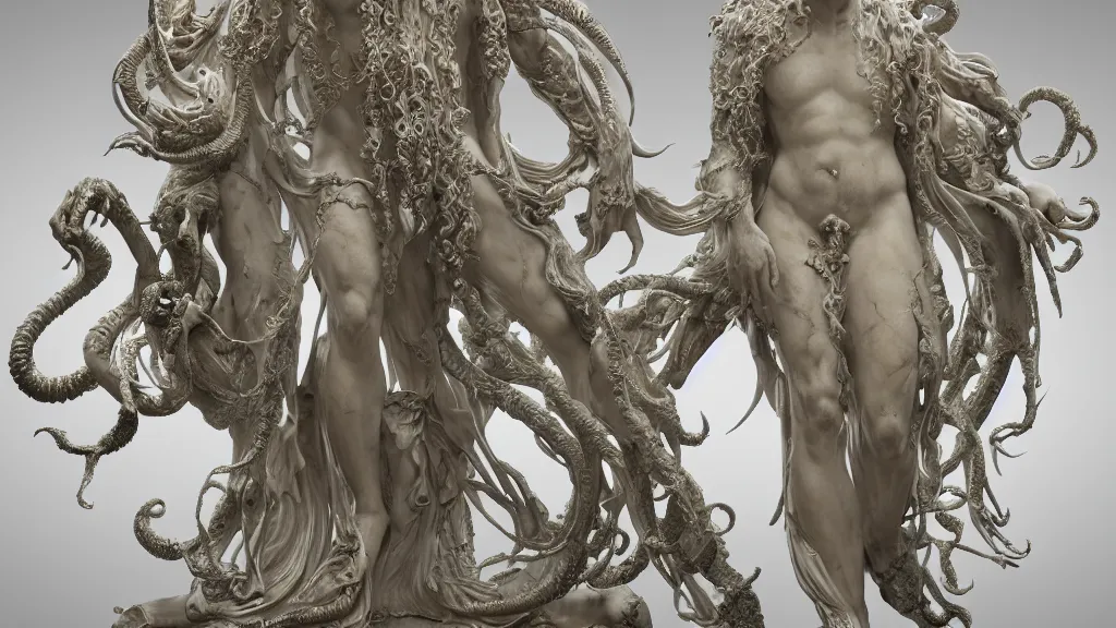 Image similar to cthulhu, an epic sculpture made of marble and ivory, by gustave dore, by emil melmoth, by alphonse mucha, hell, on a marble base standing in a large studio space, monumental, epic, rococo, detailed, intricate, volumetric lighting, realistic, octane render, 2 0 % pearlescent detailing