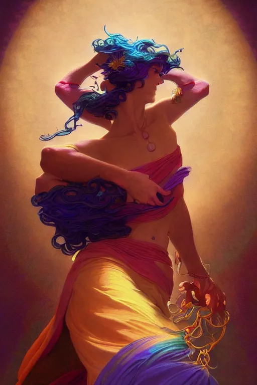 Image similar to portrait of a beautiful sorceress, vivid color, complementary color, golden ratio, detailed, sharp lines, sharp focus, intricate, rainbowshift, by maxfield parrish, by peter mohrbacher, by gustave dore, by artgerm, by alphonse mucha, deviantart, octane render