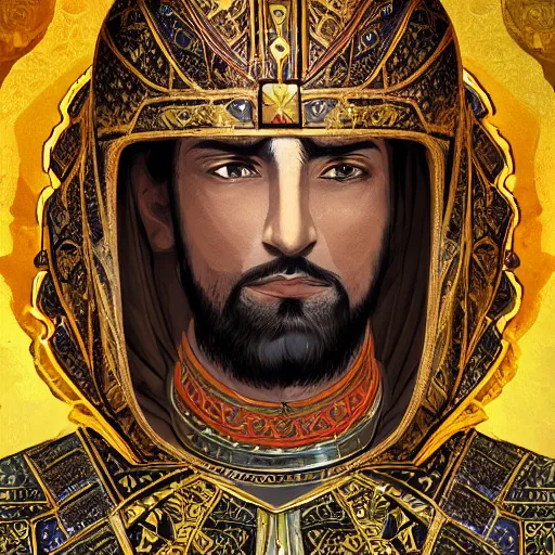 Image similar to A portrait of sultan Saladin, intricate, ornate, Hyperdetailed, digital art, behance, artstation, smooth, sharp focus, bokeh, illustration, digital painting, elegant, symmetrical