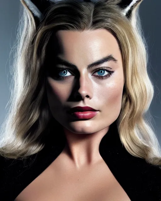 Image similar to portrait of margot robbie with a cat woman costume, full body shot, highly detailed, detailed face, cinematic, professional photograph