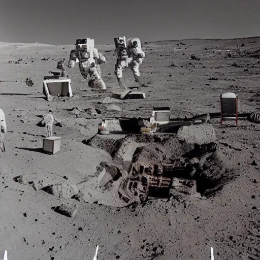 Prompt: full - color 1 9 7 2 photo of an ancient alien temple on the moon being excavated by archaeologists wearing space - suits at a dig - site. high - quality professional journalistic photography from time magazine.