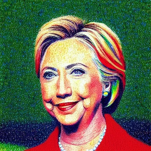 Image similar to very very very colorful pointillist portrait of hillary clinton wearing a beautiful necklace, painted by georges seurat