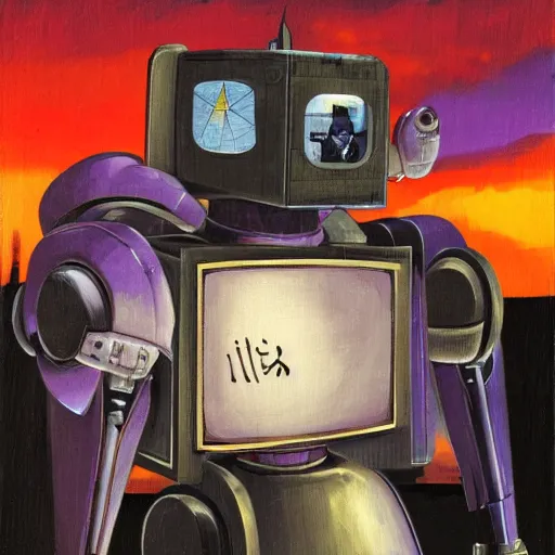 Prompt: a fullmetal wired robot is reading the forbidden intimate diary of sophia aeon, the background is the purple sunset over santiago of chile, hanafuda oil on canvas by dave mckean
