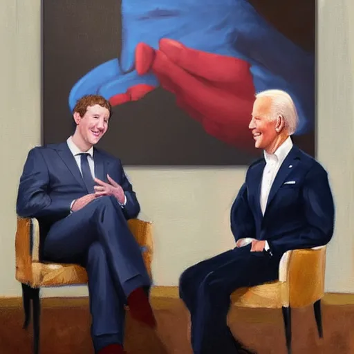 Prompt: mark zuckerberg talks to joe biden, oil painting, ideal, painting