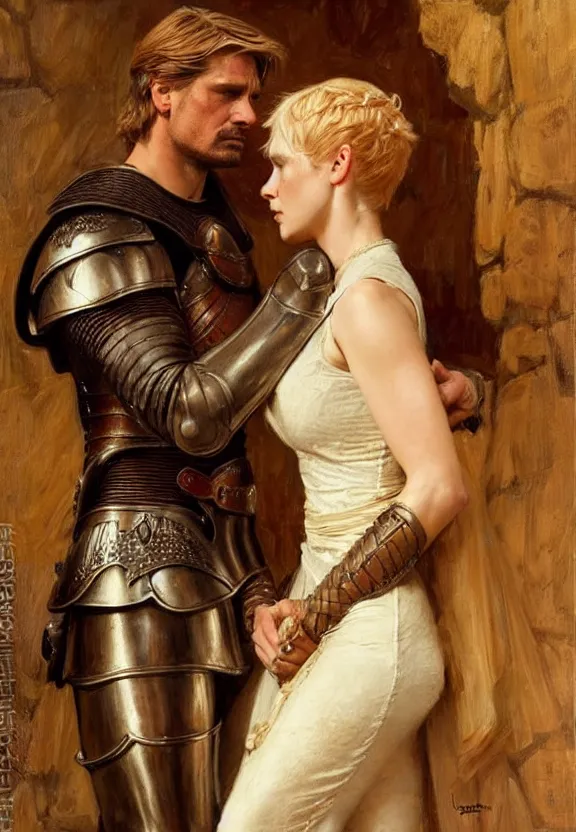 Prompt: attractive handsome fully clothed jaime lannister confesses his love for attractive fully armored brienne of tarth. wow! romance!! highly detailed painting by gaston bussiere and j. c. leyendecker 8 k