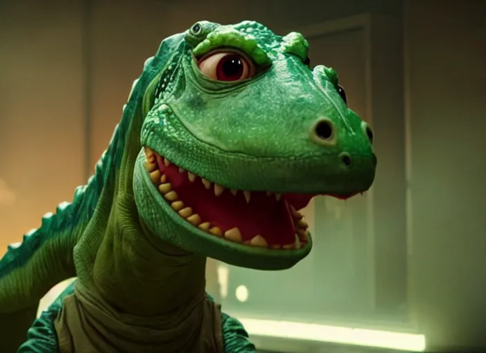 Image similar to film still of real life anthropomorphic dinosaur turtle yoshi in the new sci - fi movie, 8 k