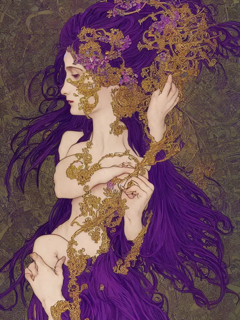 Image similar to thanatos, god of peaceful death, closed eyes, long hair, wearing ornate silk and lace clothes, gold jewelry, moon, purple feathers, by Alphonse Mucha, by artgerm, rule of thirds, super detailed, 8k