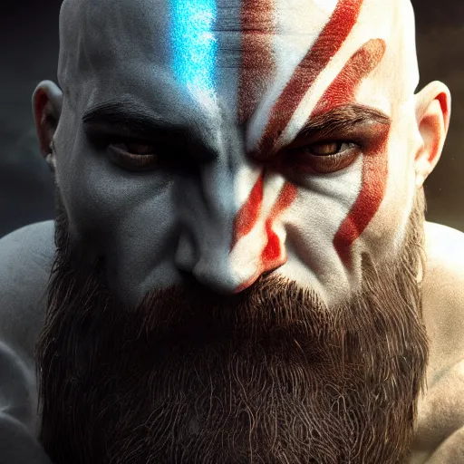 Image similar to portrait of kratos, intricate artwork, concept art, octane render, deviantart, cinematic, key art, hyperrealism, iridescent accents, portrait photograph, nikon 3 5 mm, photograph by greg rutkowski