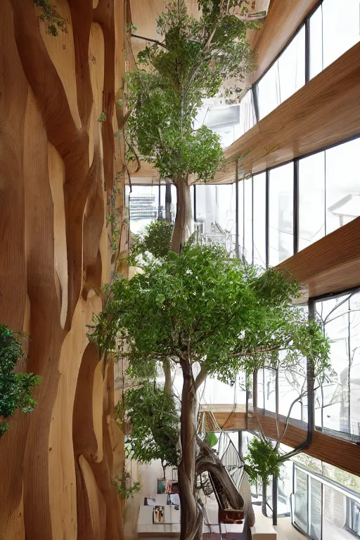 Prompt: urban atriums hyperdetailed hyperrealistic tree house, roots growing from bottom to ceiling, wooden modern decoration