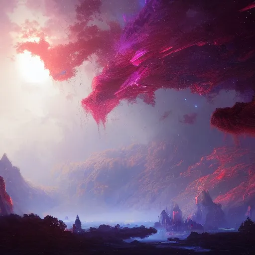 Image similar to luscious fibrous world made of mystical magical energy colorized as blue, red, and purple, illustrated by Greg Rutkowski and Gaston Bussiere, loquacious lighting, volumetric lighting, beautiful photography, landscape imagery, Trending on artstation, 4k, 8k.