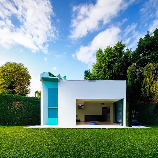 Image similar to house futurist, green yard, deep, blue sky with few white cloud, focus on the house