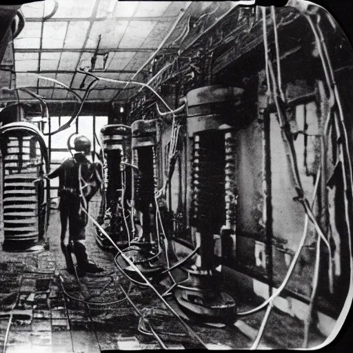 Image similar to old black and white photo, 1 9 1 3, depicting biomechanical aliens inside vats in a derelict tech lab, technicians in hazmat suits, historical record