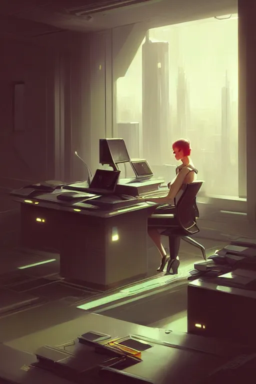 Image similar to futuristic office, cyberpunk, painting by greg rutkowski, j. c. leyendecker, artgerm