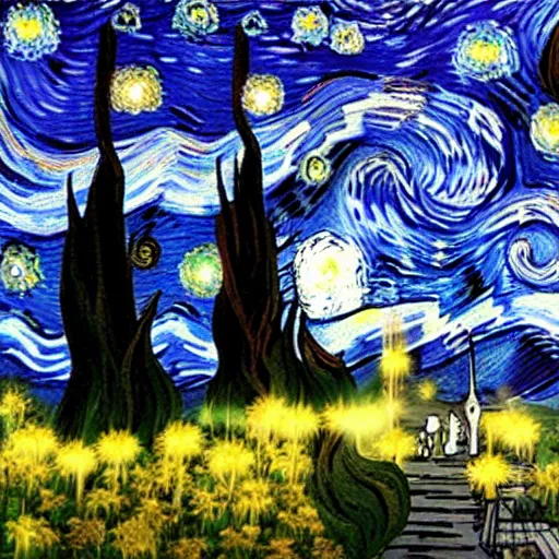 Prompt: starry night by makoto shinkai and studio ghibli