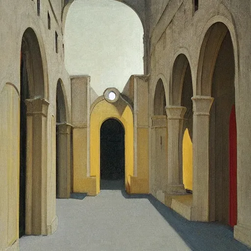 Image similar to in the distance, a little girl with short black hair and wearing a yellow coat alone in the inner courtyard of a cloister in an abbey, the light is bright and wintry, painting by hopper and de chirico