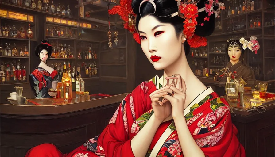 Image similar to evil geisha in a bar, perfectly-centered-Portrait of the most beautiful asian woman on the planet, insane, intricate, highly detailed, digital painting, artstation, concept art, smooth, sharp focus, illustration, Unreal Engine 5, 8K, art by artgerm and greg rutkowski and alphonse mucha