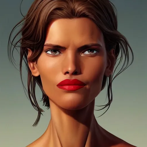 Prompt: a tall, tan skinned woman with sunken, dark brown eyes, defined cheekbones and a large nose. she has lank, brown hair, wears reddish lipstick, and she has a crooked smile. detailed face, smooth, sharp focus, graphic novel, by artgerm and greg rutkowski and pepe larraz