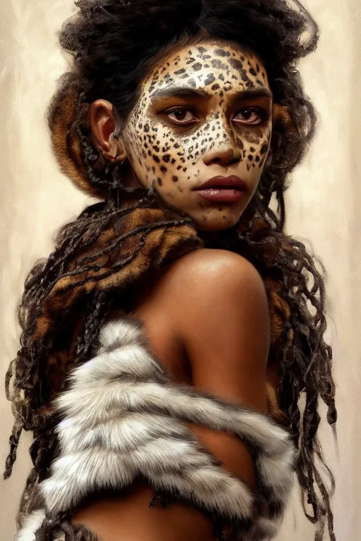 Image similar to portrait of a beautiful young aztec girl with vitiligo, covered in jaguar fur cloths, different colored eyes, curly black and brown hairs, by greg rutkowski and alphonse mucha, d & d character, gradient white to silver, highly detailed portrait, digital painting, artstation, concept art, smooth, sharp focus ilustration, artstation hq