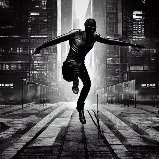 Image similar to a highly detailed epic cinematic black and white cyberpunk artwork photograph inspired by Henri Cartier-Bresson's Behind Gare Saint-Lazare, man jumping over a puddle of water. World Press Photo winner, enhanced and corrected in Photoshop, octane render, excellent composition, cinematic atmosphere, dynamic dramatic cinematic lighting, aesthetic, very inspirational, arthouse