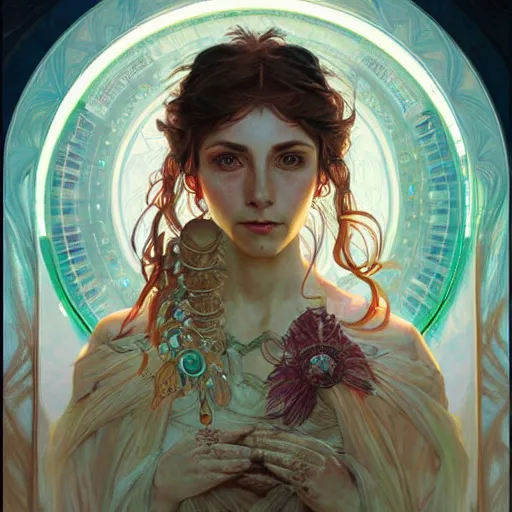 Image similar to concert of an shaman, big eyes, intricate, elegant, highly detailed, digital painting, artstation, concept art, smooth, sharp focus, illustration, art by artgerm and greg rutkowski and alphonse mucha