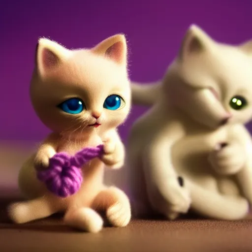 Image similar to miniature closeup of kittens playing with yarn, claymation, Pixar animation, visually stunning, 50mm, highly detauled, award-winning