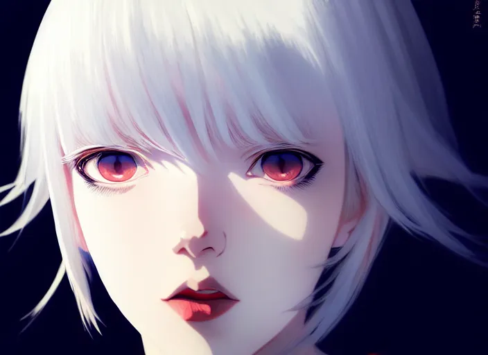 Image similar to anime visual, portrait of a white haired red eyed young girl in dark room, by ilya kuvshinov, yoshinari yoh, makoto shinkai, katsura masakazu, dynamic perspective pose, detailed facial features, kyoani, rounded eyes, crisp and sharp, cel shad, anime poster, ambient light