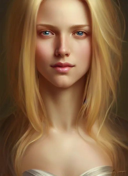 Image similar to beautiful feminine face! portrait of young woman blessed by god with ever - increasing physical and mental perfection, blonde hair, symmetrical! intricate, elegant, highly detailed, vision of holy perfection!! smile, digital painting, artstation, concept art, smooth, sharp focus, illustration, art by artgerm and greg rutkowski and alphonse mucha