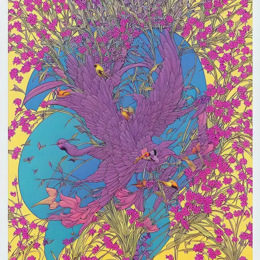 Image similar to ( ( ( ( beautiful flowers and birds, surrounded by decorative frame design ) ) ) ) by mœbius!!!!!!!!!!!!!!!!!!!!!!!!!!!, overdetailed art, colorful, artistic record jacket design