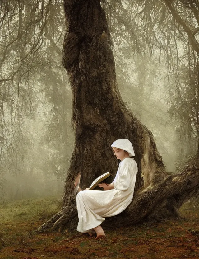 Image similar to peasant Girl in white reading a book sitting on a tree in a foggy forest, Cinematic focus, Polaroid photo, vintage, neutral colors, soft lights, by Steve Hanks, by Serov Valentin, by lisa yuskavage, by Andrei Tarkovsky 8k render, detailed, oil on canvas