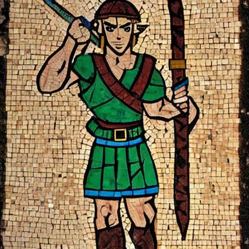 Image similar to ancient greek mosaic of young link from zelda looking like arnold schwarzenegger holding a big sword